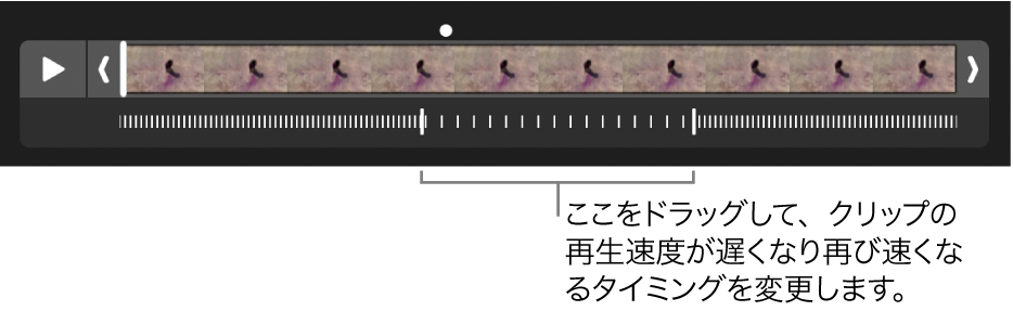 スローモーション・ビデオ・クリップ。ドラッグしてビデオの再生速度を遅くしたり再び早くしたりする場所を変更できるハンドルがあります。