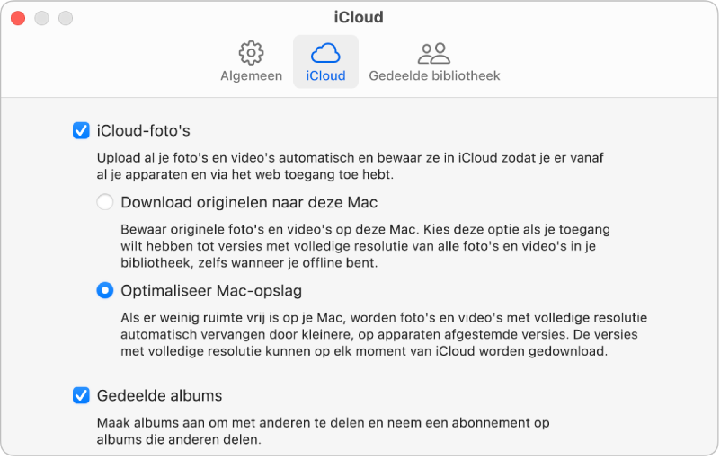 Het paneel 'iCloud' in de instellingen van Foto's.