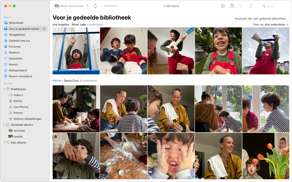 Het Foto's-venster met 'Voor je gedeelde bibliotheek' geselecteerd in de navigatiekolom en voorgestelde foto's die je kunt toevoegen aan de gedeelde bibliotheek aan de rechterkant.