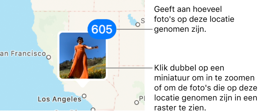 Een fotominiatuur op een kaart, met rechtsbovenin een getal dat aangeeft hoeveel foto's er op die locatie zijn gemaakt.
