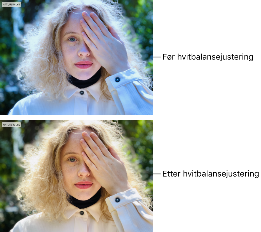 Et bilde før og etter en hvitbalansejustering.