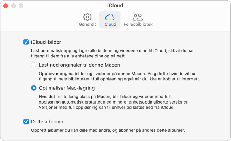 iCloud-panelet i Bilder-innstillingene.