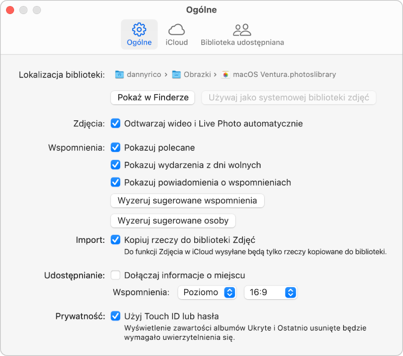 Panel Ogólne w ustawieniach Zdjęć.