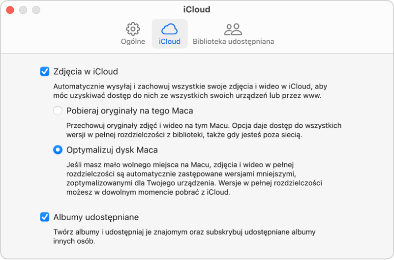 Panel iCloud w ustawieniach Zdjęć.