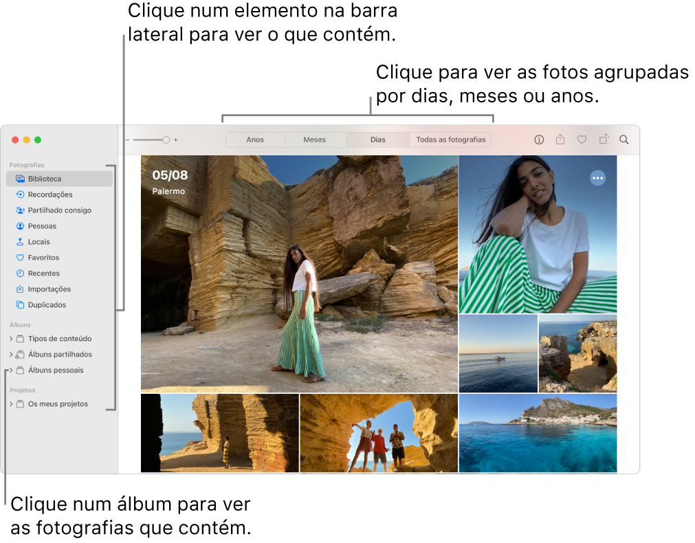 A janela principal de Fotografias a mostrar a barra lateral do lado esquerdo, fotografias organizadas por dias do lado direito, e os botões Anos, Meses, Dias e Todas as fotografias na barra de ferramentas na parte superior.