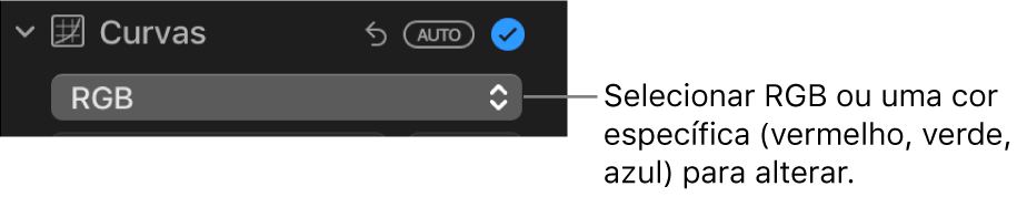 Os controlos de curvas no painel Ajustar com a opção RGB selecionada no menu pop‑up.