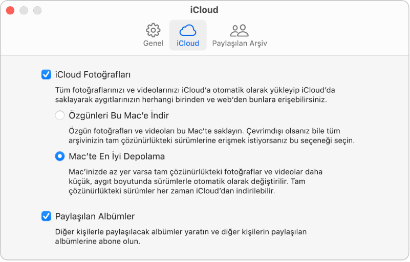 Fotoğraflar ayarlarının iCloud bölümü.