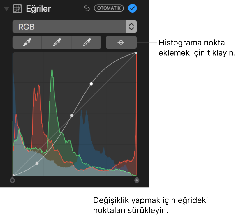 Sağ üstte Noktalar Ekle düğmesini ve altta RGB histogramını gösteren Ayarla bölümündeki Eğriler denetimleri.