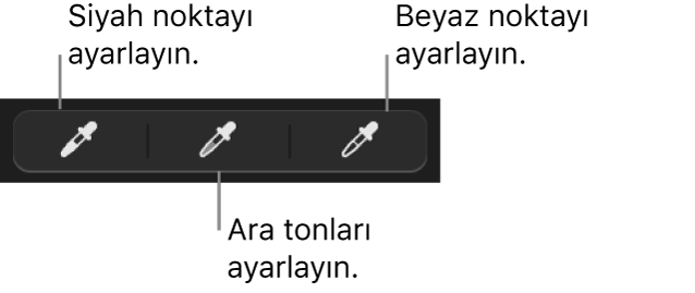 Fotoğrafın siyah noktasını, ara tonlarını veya beyaz noktasını ayarlamak için üç damlalık kullanılır.