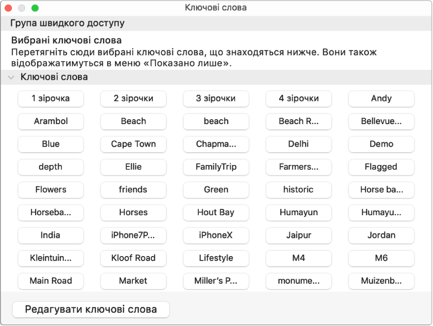 Ключові слова у вікні «Менеджер ключових слів» з областю «Група швидкого доступу» вгорі і кнопкою «Редагувати ключові слова» внизу зліва.
