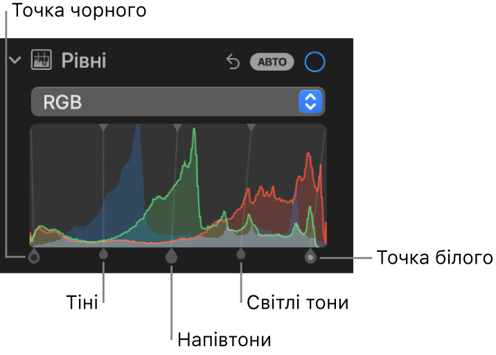 Елементи керування рівнями на панелі «Коригування», гістограма RGB з регуляторами під ними, зокрема настройки (зліва направо) точки чорного, тіней, напівтонів, світлих тонів і точки білого.