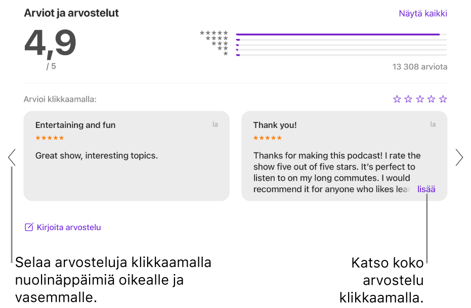 Ohjelman Arviot ja arvostelut -osio Podcastit-apissa. Selaa eteen- ja taaksepäin klikkaamalla näytön reunoilla olevaa vasenta ja oikeaa nuolta. Klikkaa ”lisää”, jos haluat nähdä koko arvostelun.