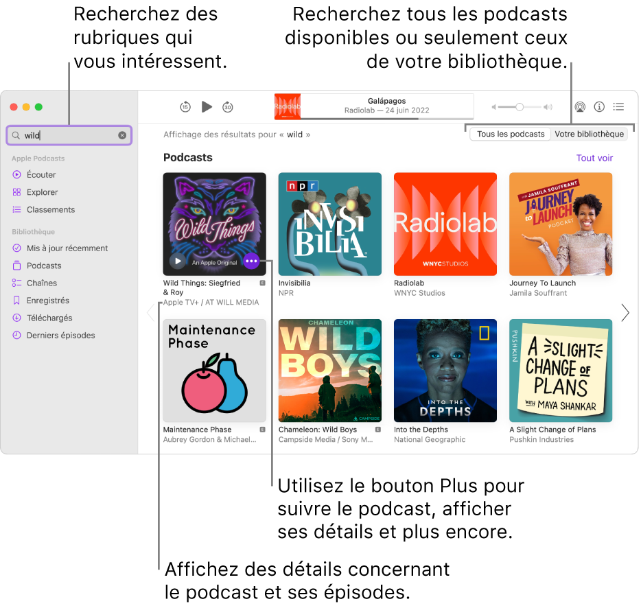 Fenêtre Podcasts affichant du texte dans le champ de recherche en haut à gauche, et des épisodes et podcasts correspondants à la recherche de tous les podcasts dans l’écran de droite. Cliquez sur le lien sous le podcast pour afficher des détails à propos du podcast et de ses épisodes. Utilisez le bouton Plus du podcast pour suivre le podcast, modifier ses réglages et plus encore.