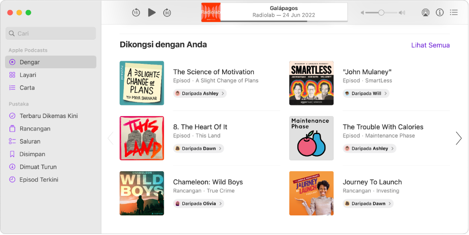 Tetingkap Podcast menunjukkan beberapa podcast yang dikongsi dengan anda.