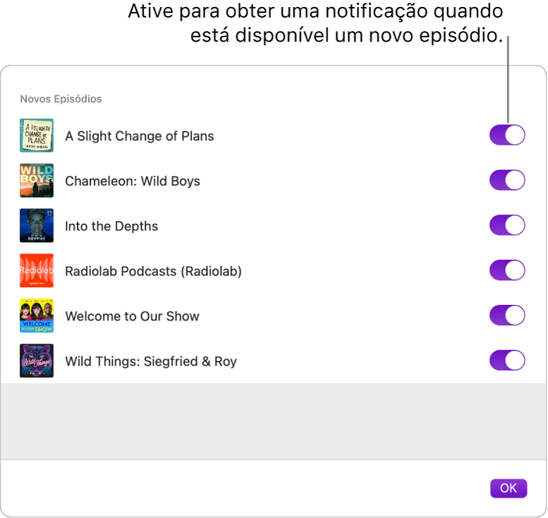 A janela de notificações. Clique no botão para obter uma notificação quando um novo episódio ficar disponível.