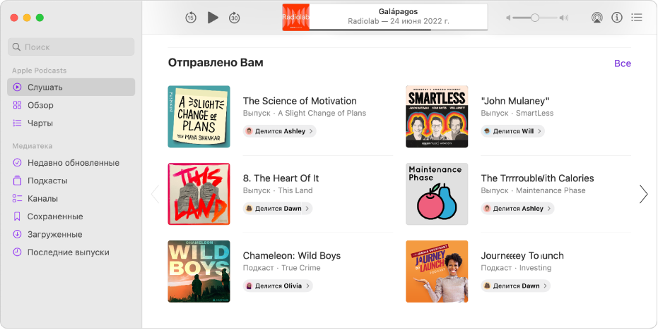 Окно приложения «Подкасты» и несколько подкастов, которыми поделились другие пользователи.