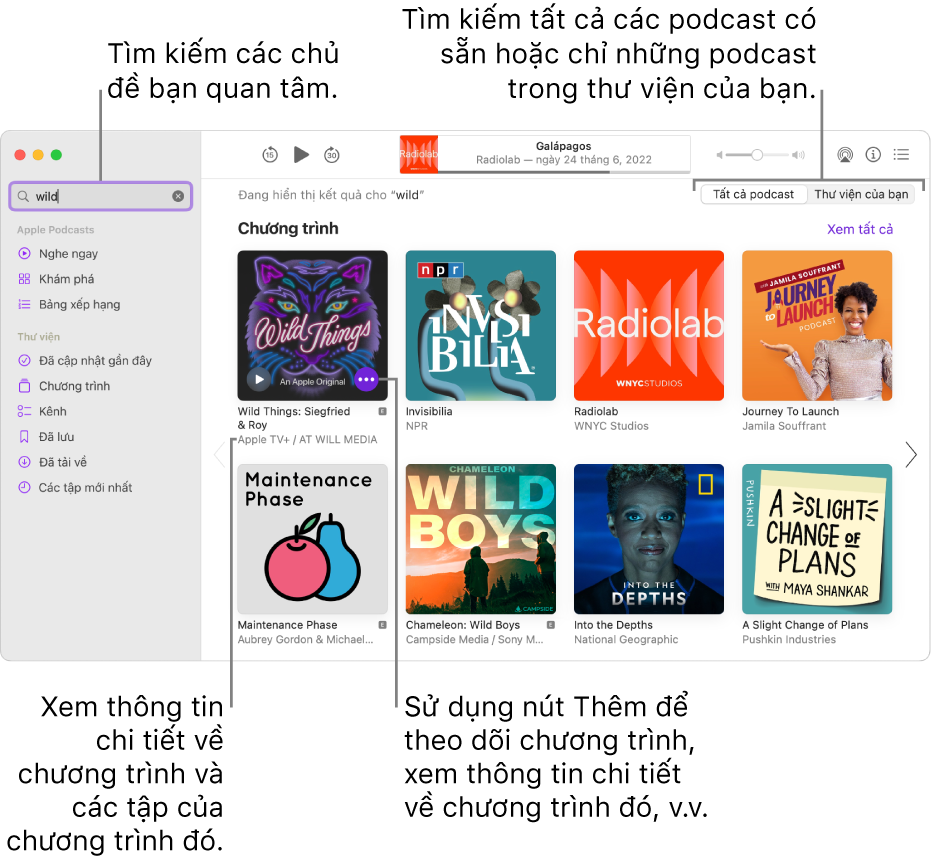 Cửa sổ Podcast đang hiển thị văn bản được nhập vào trường tìm kiếm ở góc trên cùng bên trái và các tập và chương trình phù hợp với tìm kiếm của tất cả các podcast trong màn hình ở bên phải. Bấm vào liên kết bên dưới chương trình để xem thông tin chi tiết về chương trình và các tập của chương trình đó. Sử dụng nút Thêm của chương trình để theo dõi chương trình, thay đổi cài đặt của chương trình đó, v.v.