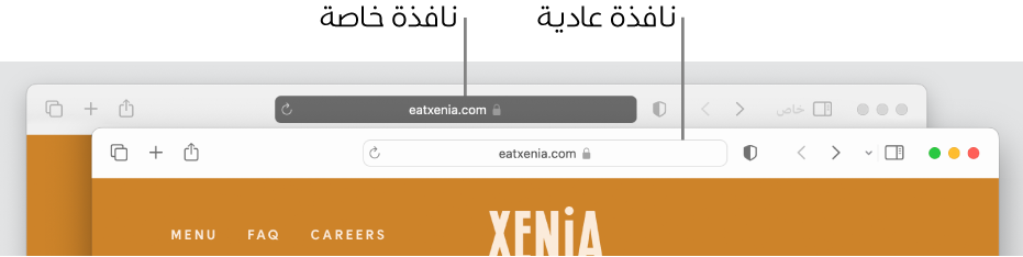 نافذة سفاري خاصة تحتوي على حقل بحث ذكي باللون الداكن، ونافذة سفاري عادية تحتوي على حقل بحث ذكي باللون الفاتح.