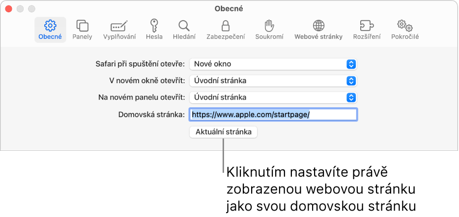 Panel Obecné v nastavení Safari s vybraným polem Domovská stránka