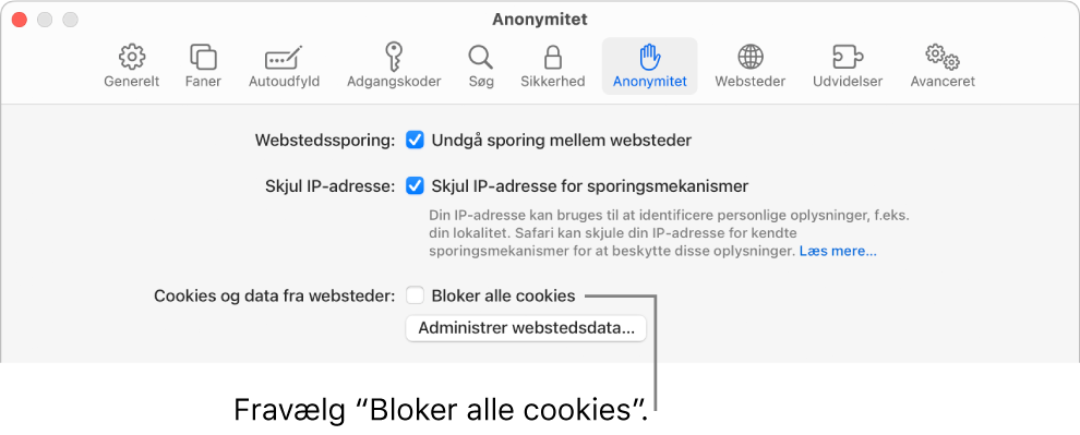 Vinduet Anonymitet i indstillingerne til Safari.