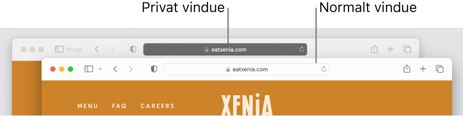Et privat Safari-vindue, hvor det smarte søgefelt er mørkt, og et normalt Safari-vindue, hvor det smarte søgefelt er lyst.