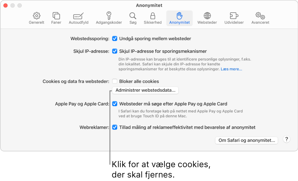 Vinduet Anonymitet i indstillingerne til Safari.