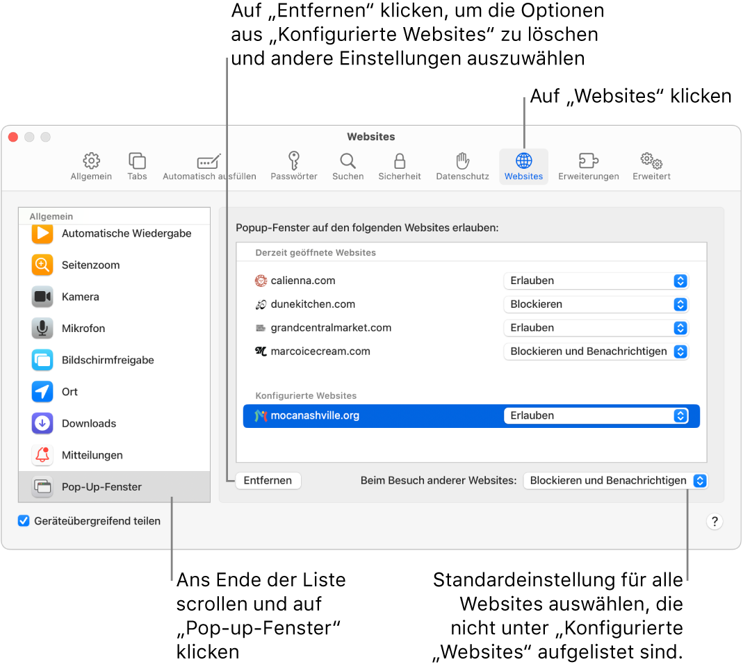 Ein Fenster zeigt die Safari-Einstellungen für Websites, unten in der Seitenleiste ist „Pop-Up-Fenster“ ausgewählt und alle konfigurierten Websites sind ausgewählt.