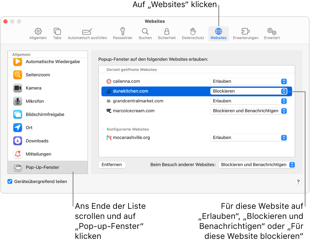 Safari-Einstellungen für Websites, unten in der Seitenleiste ist „Pop-Up-Fenster“ ausgewählt und eine zurzeit geöffnete Website ist ausgewählt.