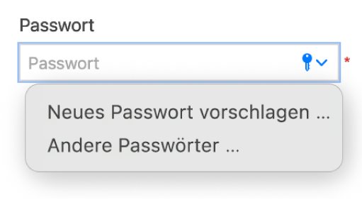 Ein Passwortfeld mit Optionen zum Erhalten von Passwortvorschlägen und zum Anzeigen der Passwörter für andere Website-Accounts.