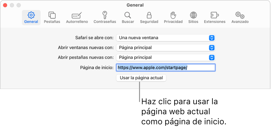 El panel General de la configuración de Safari, con el campo Página de inicio seleccionado.