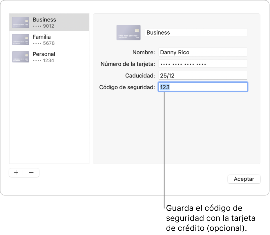 Una tarjeta de crédito con campos para introducir el nombre, el número de la tarjeta, la fecha de caducidad y el código de seguridad.