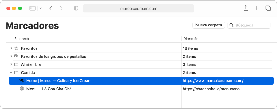La ventana “Editar marcadores” de Safari.