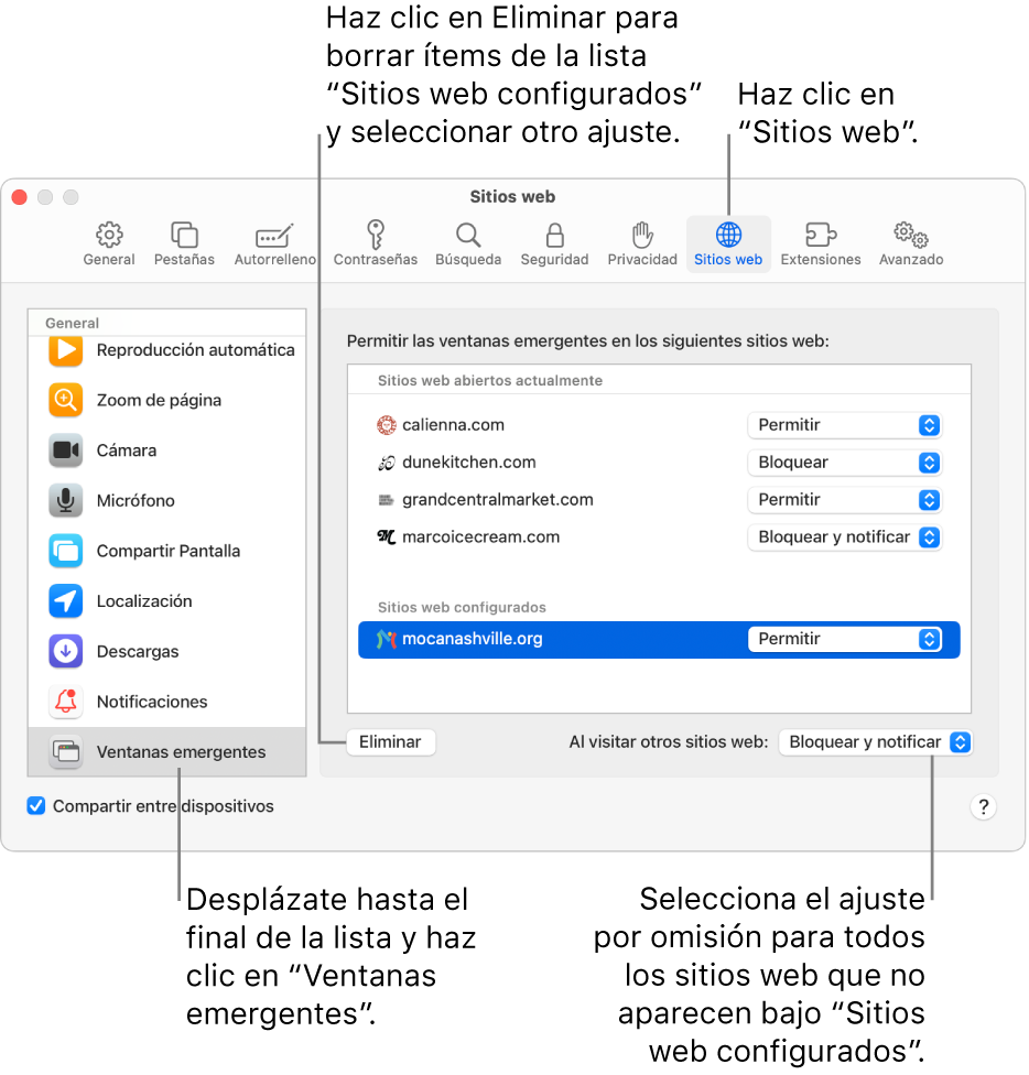 Una ventana que muestra los ajustes de Safari para los sitios web, con la opción “Ventanas emergentes” seleccionada en la parte inferior de la barra lateral y todos los sitios web configurados, también seleccionados.