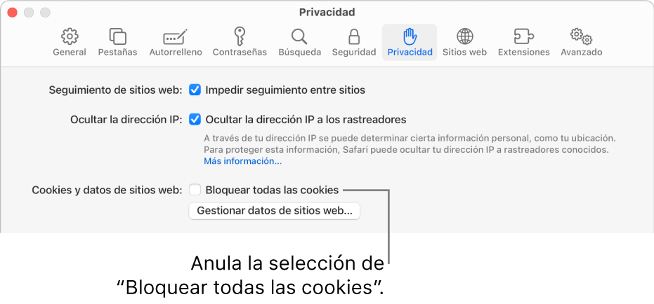 El panel Privacidad de los ajustes de Safari.