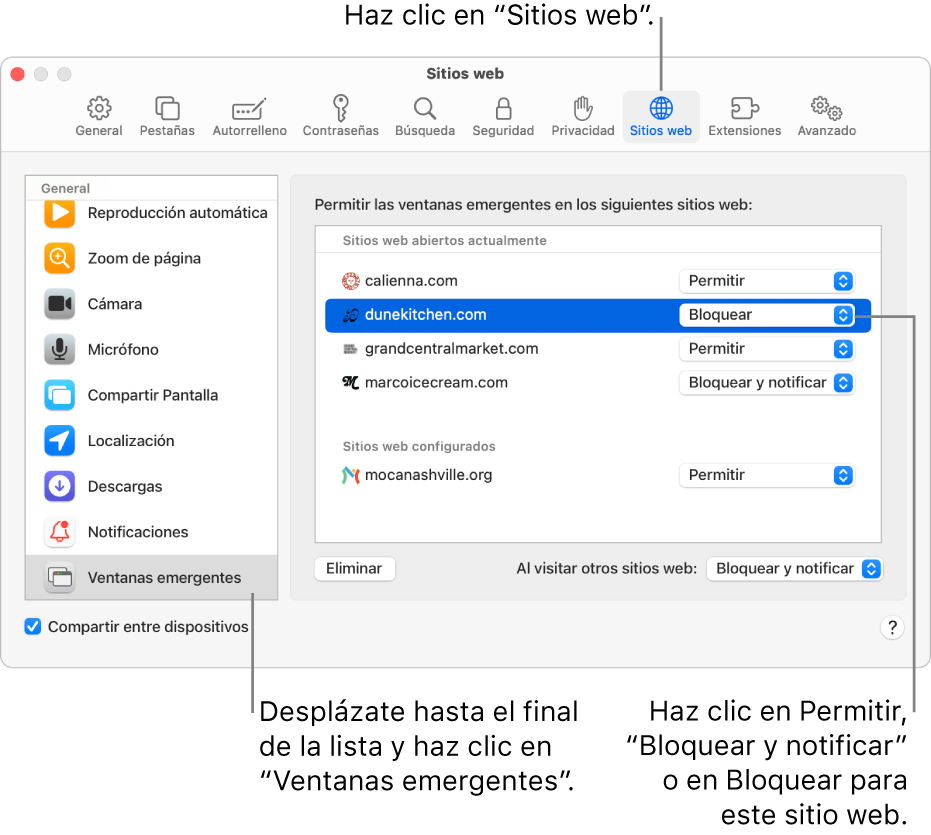 Los ajustes de Safari para los sitios web, con la opción “Ventanas emergentes” seleccionada en la parte inferior de la barra lateral y el sitio web abierto en ese momento, también seleccionado.