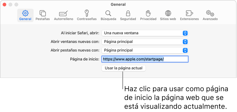 El panel de ajustes General de Safari, con el campo “Página de inicio” seleccionado.