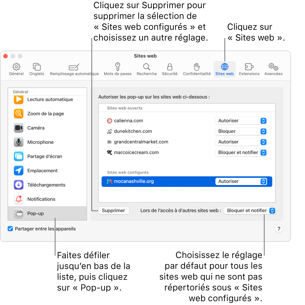 Fenêtre montrant les réglages Safari pour les sites web, avec Pop-up sélectionné en bas de la barre latérale et tous les sites web configurés sélectionnés.