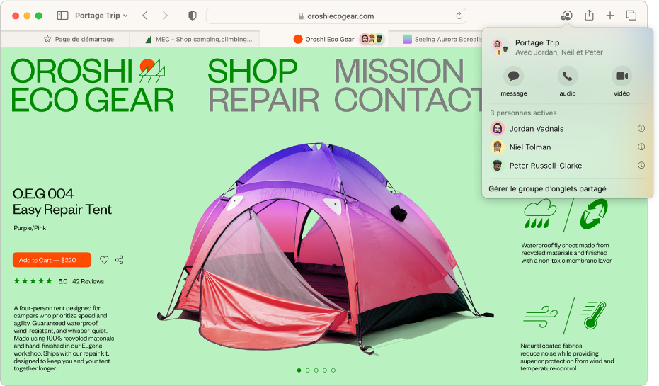 Une fenêtre de Safari affichant un groupe d’onglets partagés et une fenêtre indiquant les personnes présentes dans le groupe.