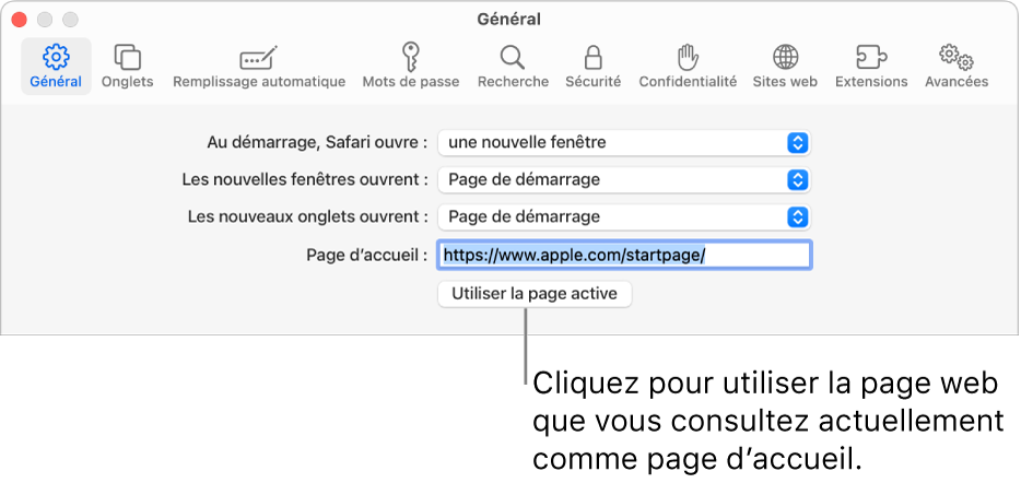 Sous-fenêtre Général des réglages Safari, avec le champ « Page d’accueil » sélectionné.