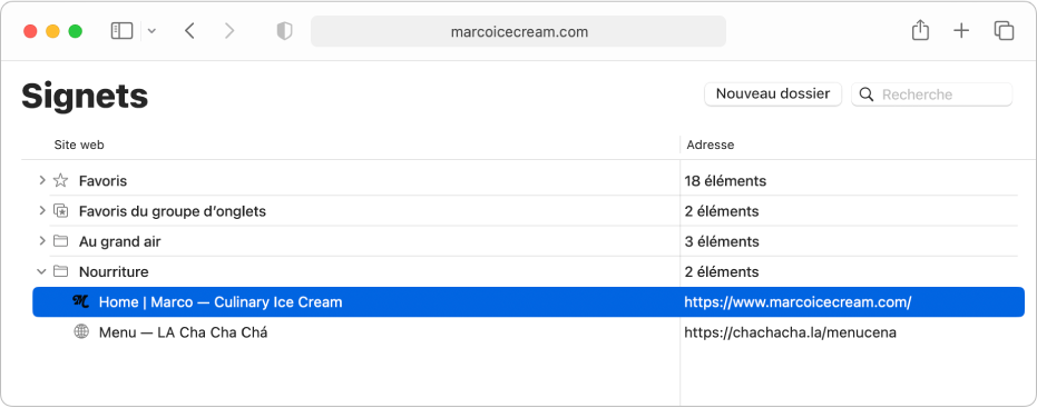 Fenêtre « Modifier les signets » dans Safari.