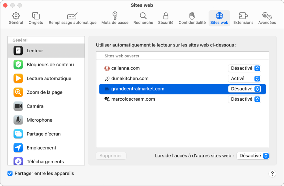 Fenêtre affichant les réglages Safari pour les sites web, avec l’option « Partager entre les appareils » sélectionnée sous la barre latérale.