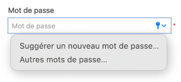 Un champ de mot de passe avec des options pour obtenir une suggestion de mot de passe et pour voir les mots de passe pour d’autres comptes sur le site web.