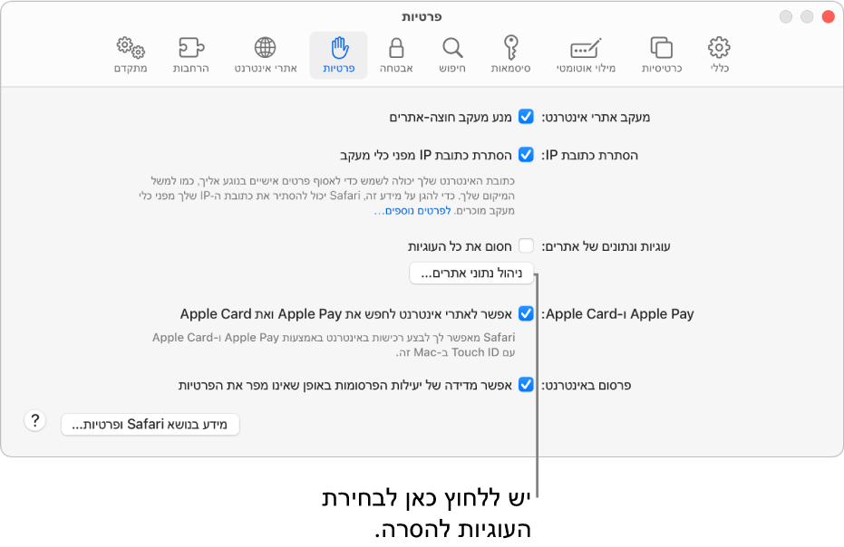 חלונית ״פרטיות״ של הגדרות Safari