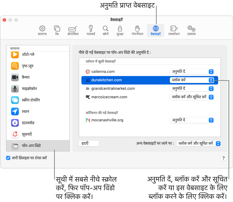 वेबसाइट के लिए Safari सेटिंग्ज़, जिसके साइडबार में सबसे नीचे पॉप-अप विंडो चुनी गई हैं और वर्तमान में खुली हुई वेबसाइट चुनी गई है।