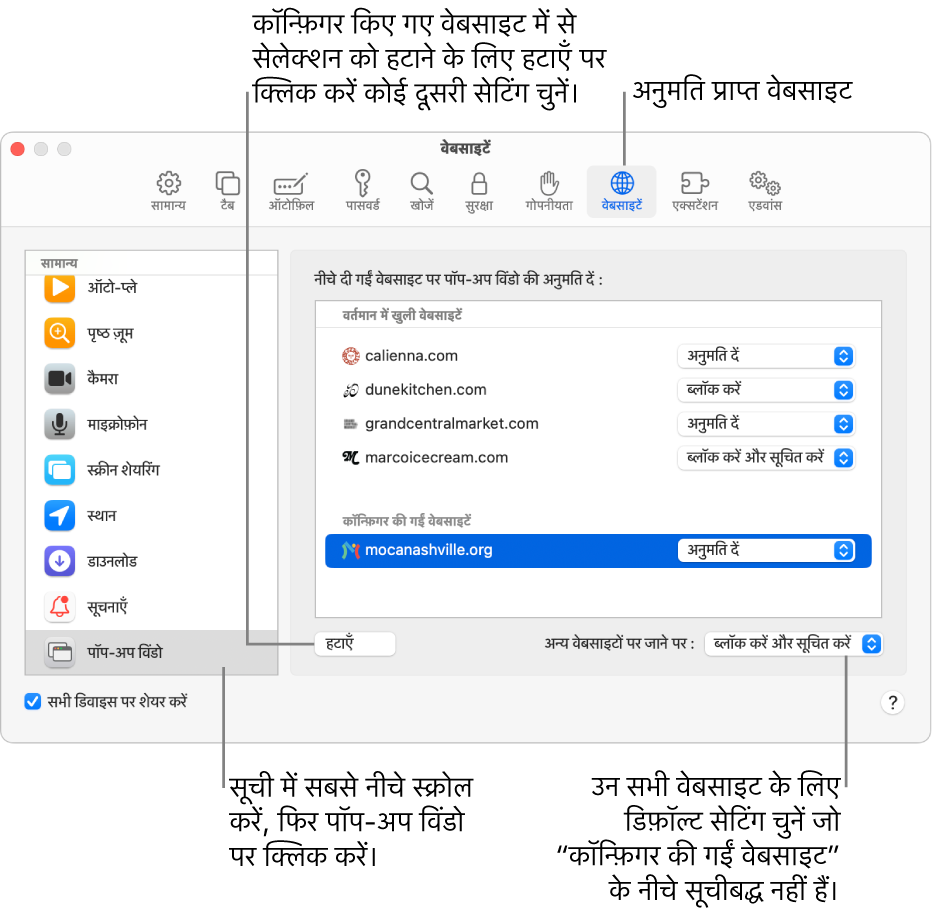 विंडो जो वेबसाइट के लिए Safari सेटिंग्‍ज़ दिखा रही है, जिसके साइडबार में सबसे नीचे पॉप-अप विंडो चुनी गई हैं और कॉन्फ़िगर की हुईं सभी वेबसाइट चुनी गई हैं।