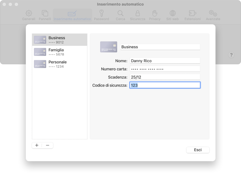 La finestra per l'inserimento delle informazioni della carta di credito, tra cui il codice di sicurezza della carta.