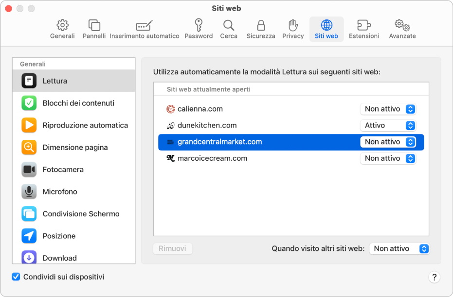 Una finestra che mostra le impostazioni di Safari per i siti web, con l'opzione “Condividi sui dispositivi” selezionata sotto la barra laterale.