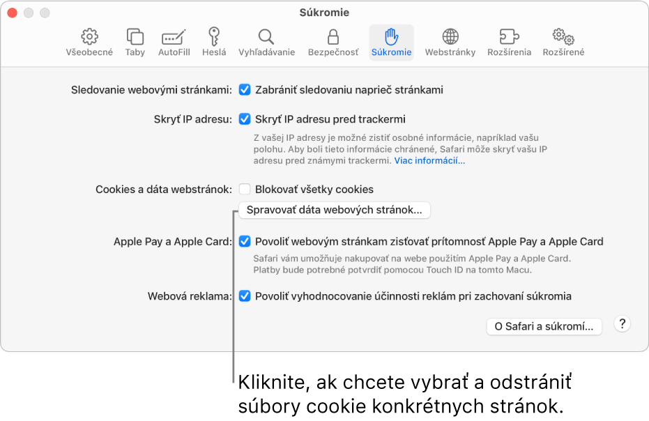 Panel Súkromie v nastaveniach Safari.