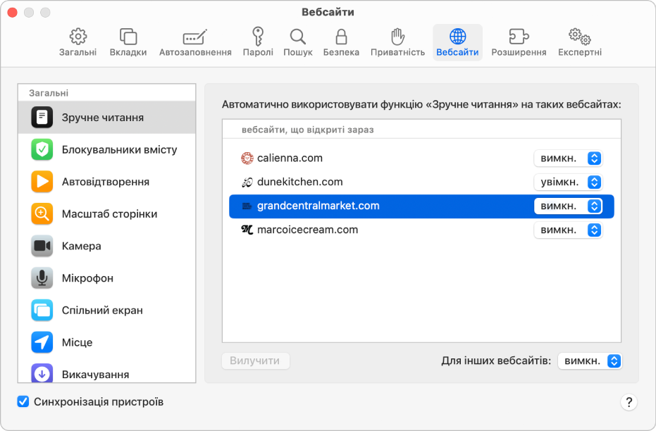 Вікно з параметрами Safari для вебсайтів: під бічною панеллю вибрано параметр «Синхронізація пристроїв».