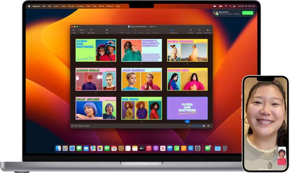 جهاز iPhone يعرض مكالمة فيس تايم، بجوار Mac يتم تسليم المكالمة إليه، ويشار إليها بأيقونة التسليم على أيقونة تطبيق فيس تايم بالقرب من الطرف الأيسر في شريط الأيقونات.